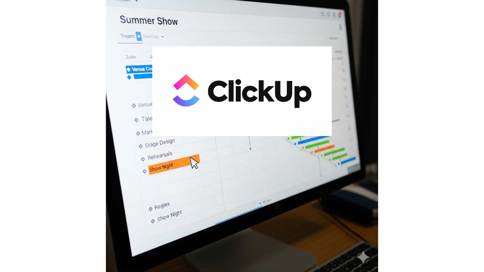 Ecran d'ordinateur avec logo ClickUp, et gant en fond