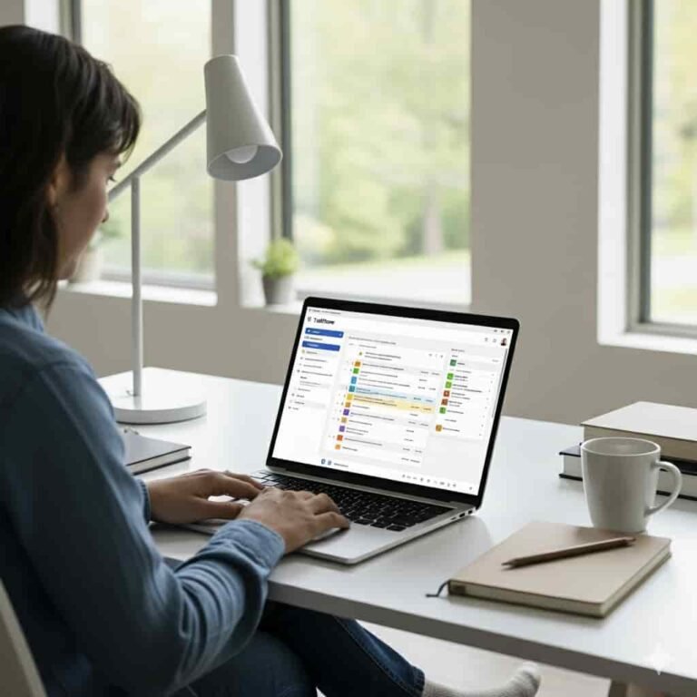 femme travaillant sur un ordinateur portable sur un logiciel de gestion de projet, dans un bureau épuré