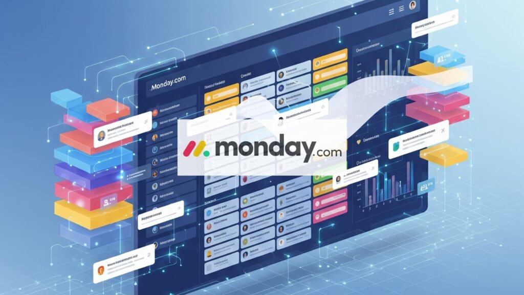 Une illustration abstraite et fictive d'un tableau de bord de Monday.com qui se crée et s'organise de lui-même (généré par I.A)
