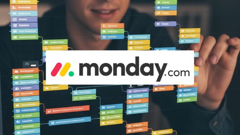 image fictive représentant une personne "organisant" des blocs colorés (symbolisant les tâches) sur Monday.com sur son ordinateur. (généré par I.A)